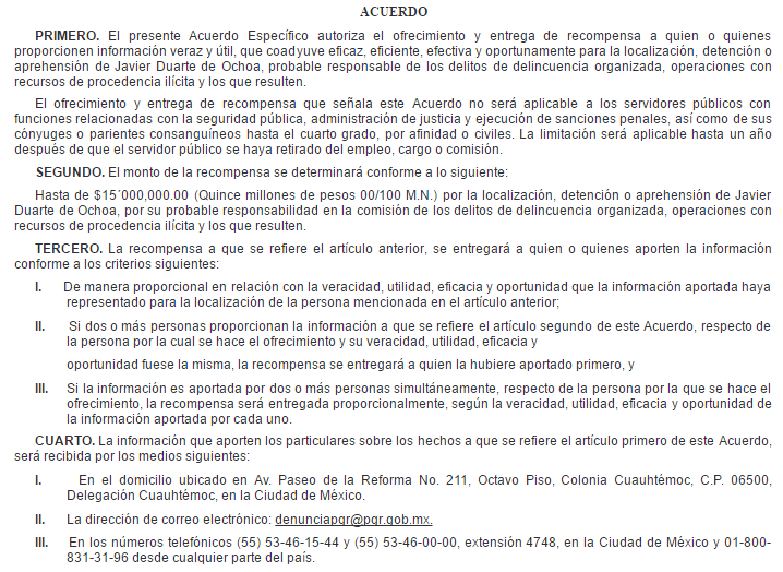 PGR ofrece 15 mdp por información sobre Javier Duarte - duarte