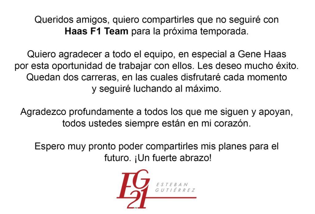 Esteban Gutiérrez se despide de su escudería - esteban-comunicado-1024x698