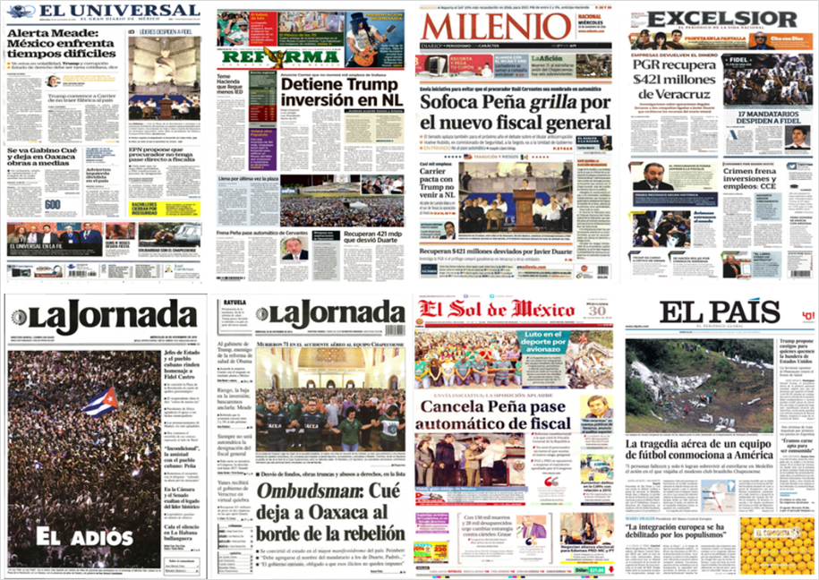 Peña Nieto, el Chapecoense, Fidel Castro y Trump en las portadas de los periódicos