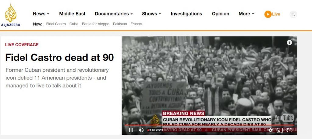 Reacciones a la muerte de Fidel Castro de la prensa internacional - reacciones-al-jazeera-1024x457