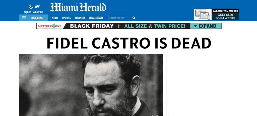 Reacciones a la muerte de Fidel Castro de la prensa internacional - reacciones-miami-herald-1024x463