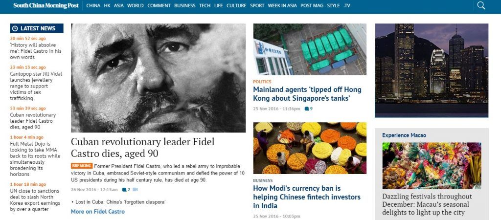 Reacciones a la muerte de Fidel Castro de la prensa internacional - reacciones-souht-chinga-morning-post-1024x450