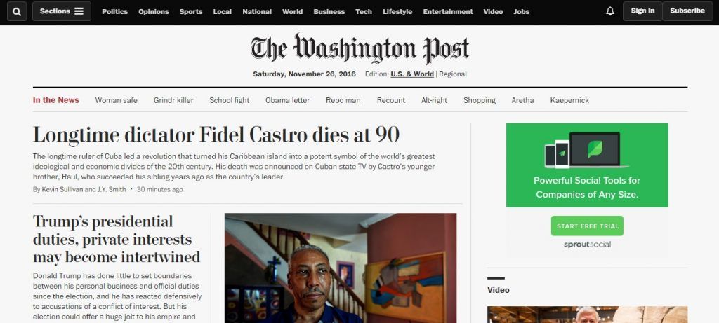 Reacciones a la muerte de Fidel Castro de la prensa internacional - reacciones-washington-post-1024x461