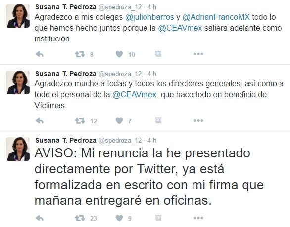 Comisionada de Atención a Víctimas informa de su renuncia en Twitter - susana-pedroza-tuits-3