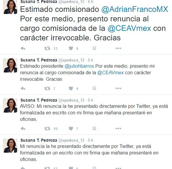 Comisionada de Atención a Víctimas informa de su renuncia en Twitter - susana-pedroza-tuits-4