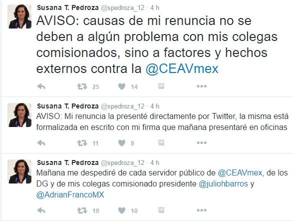 Comisionada de Atención a Víctimas informa de su renuncia en Twitter - susana-pedroza-tuits