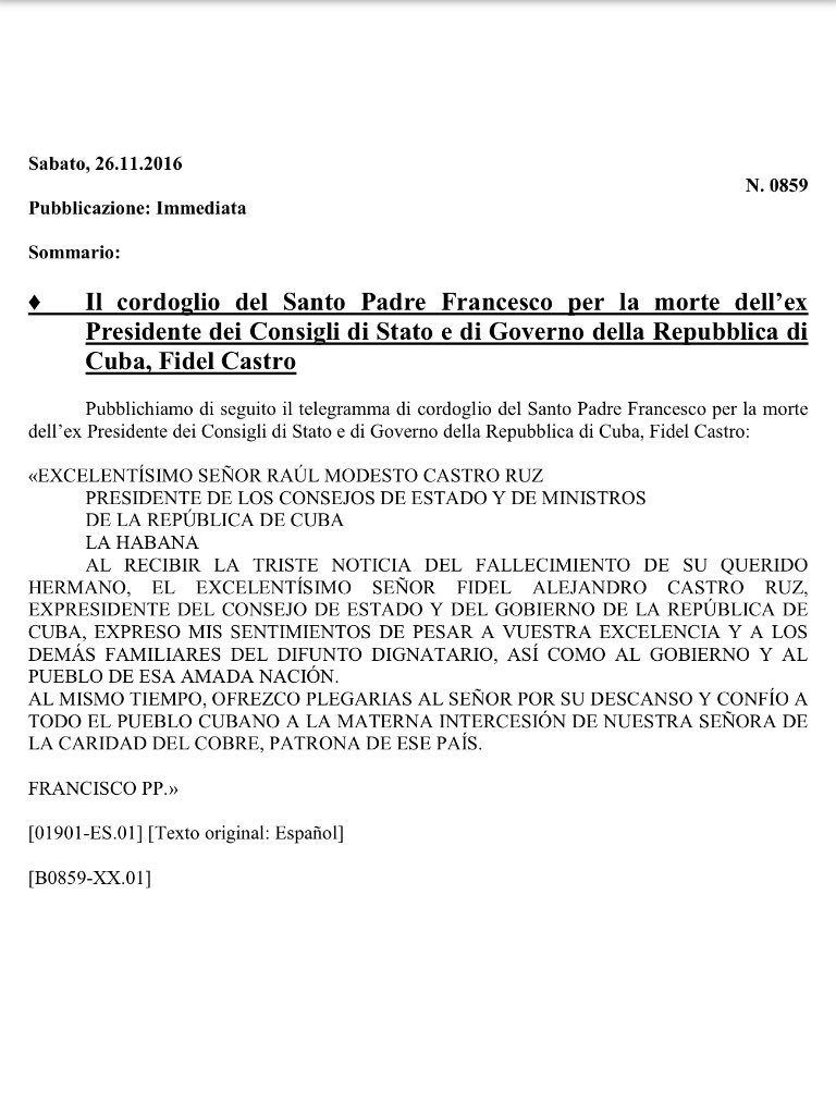 Papa Francisco envía condolencias por muerte de Fidel Castro - telegrama-papa-fidel-castro-768x1024