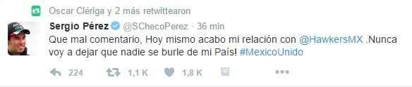 Checo Pérez rompe relación con patrocinador por tuit sobre Trump - tuit-checo-perez