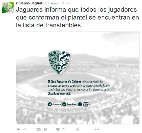 Jaguares pone a todos sus jugadores transferibles - tuit-chiapas