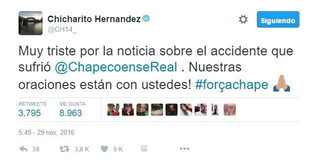 Futbol mexicano se une a las condolencias del Chapecoense - tuit-chicharito