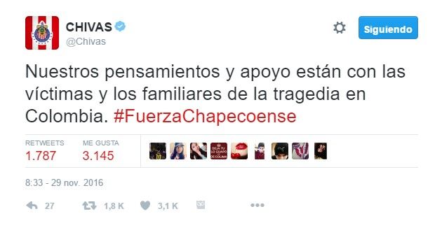 Futbol mexicano se une a las condolencias del Chapecoense - tuit-chivas