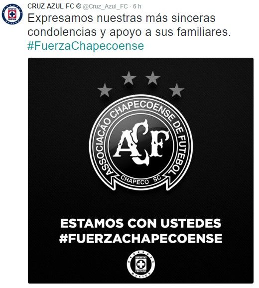 Futbol mexicano se une a las condolencias del Chapecoense - tuit-cruz-azul