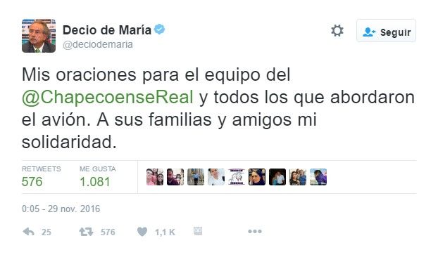 Futbol mexicano se une a las condolencias del Chapecoense - tuit-decio