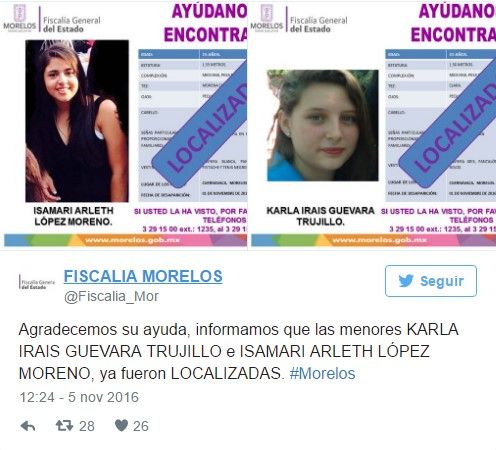 Encuentran a menores desaparecidas en Cuernavaca - tuit-fiscalía-morelso