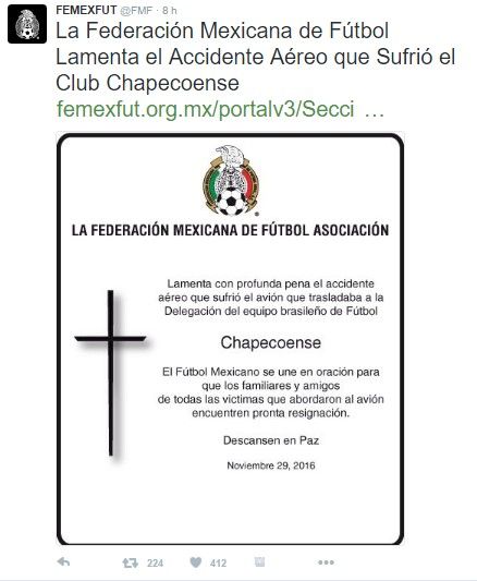 Futbol mexicano se une a las condolencias del Chapecoense - tuit-fmf