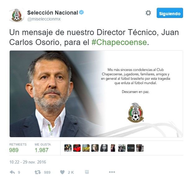 Futbol mexicano se une a las condolencias del Chapecoense - tuit-juan-carlos-osorio