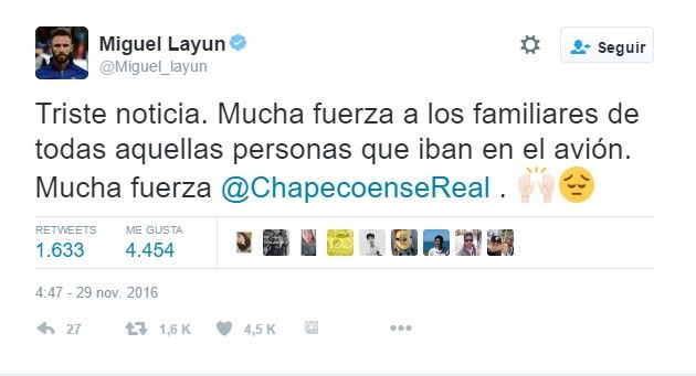 Futbol mexicano se une a las condolencias del Chapecoense - tuit-layún
