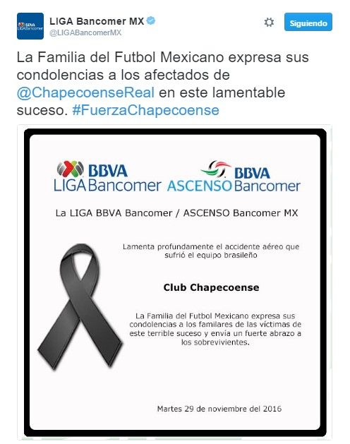 Futbol mexicano se une a las condolencias del Chapecoense - tuit-liga-mx