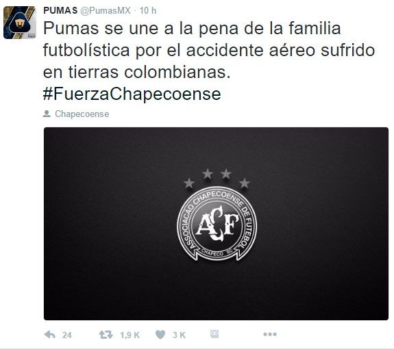 Futbol mexicano se une a las condolencias del Chapecoense - tuit-pumas