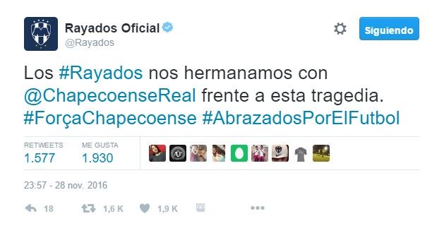 Futbol mexicano se une a las condolencias del Chapecoense - tuit-rayados