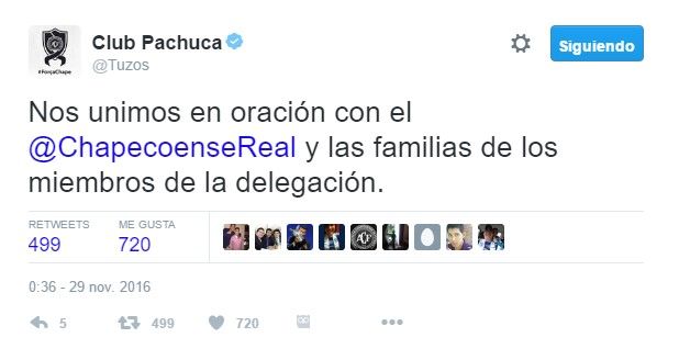 Futbol mexicano se une a las condolencias del Chapecoense - tuit-tuzos