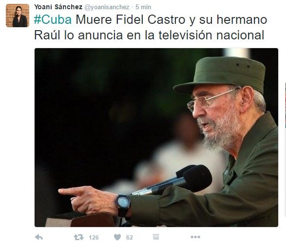 Reacciones a la muerte de Fidel Castro - tuit-yoani