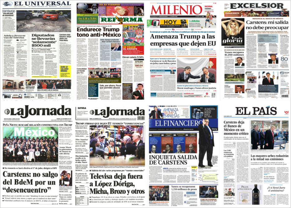 Carstens, Trump y Joaquín López-Dóriga en las portadas de los periódicos