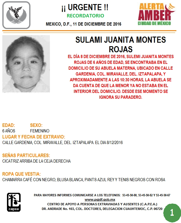 Activan Alerta Amber para encontrar a la niña Sulami Juanita Montes Rojas - ALERTA-AMBER-188