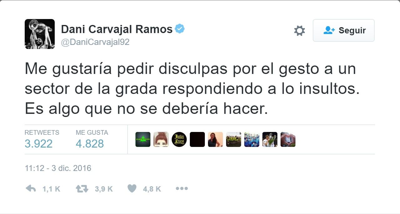 Carvajal hace seña obscena a afición del Barcelona - Dani-Carvajal-Tuit-Barcelona