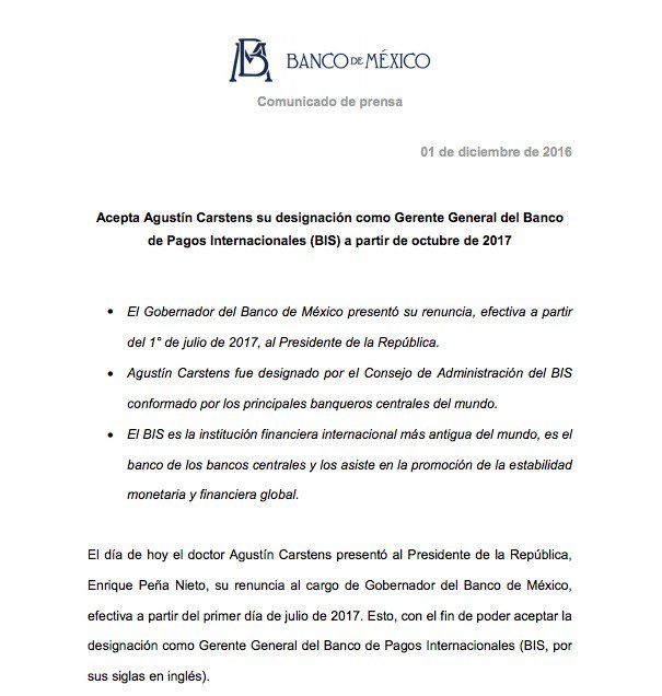 Agustín Carstens deja el Banco de México - carta-carstens-banxico