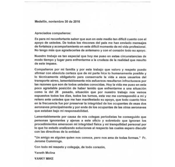 Carta de la controladora del vuelo del Chapecoense - carta-controladora-aerea-colomibia