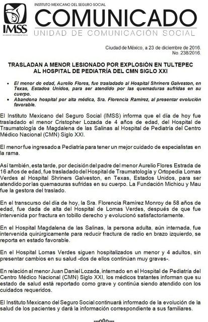 Trasladan a Texas a menor con quemaduras por explosión de Tultepec - comunicado-IMSS