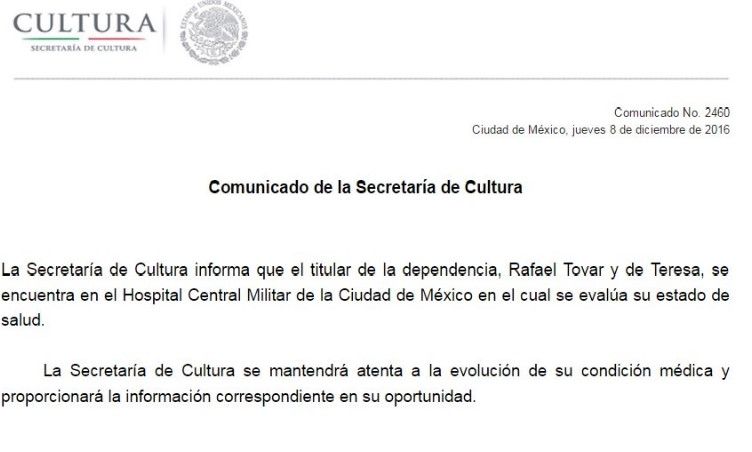 Rafael Tovar ingresado en el Hospital Militar. Su estado de salud es delicado - comunicado