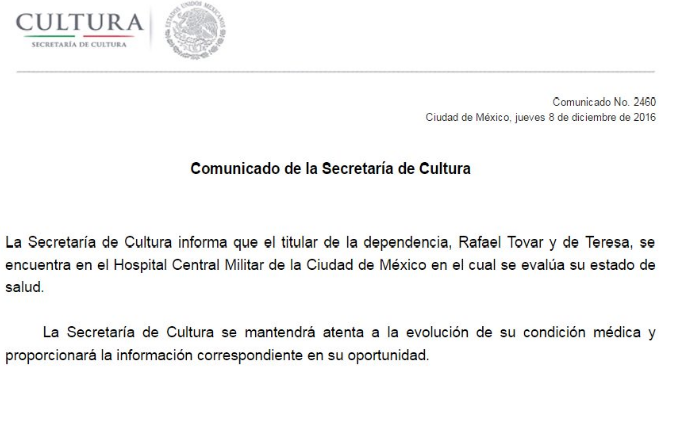 Desmiente Secretaría de Cultura muerte de Rafael Tovar y de Teresa - cultura