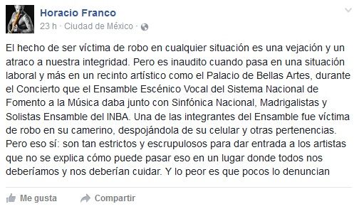 Músico denuncia robo a colega durante concierto en Bellas Artes - musico-bellas-artes