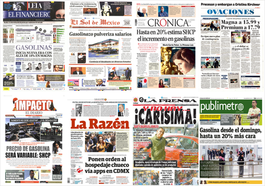 Alza en gasolinas y Carrie Fisher en las primeras planas - portadas-28-dic-1