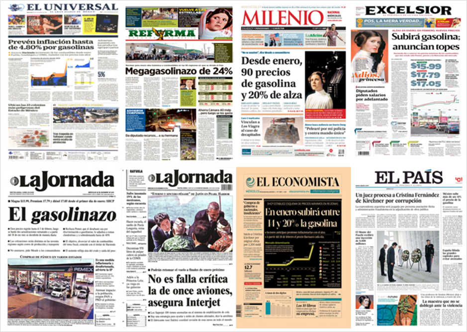 Alza en gasolinas y Carrie Fisher en las primeras planas