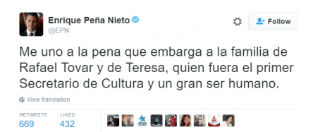 Lamentan en Twitter la muerte del secretario Rafael Tovar y de Teresa - r2