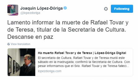 Lamentan en Twitter la muerte del secretario Rafael Tovar y de Teresa - r3