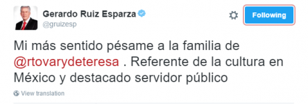 Lamentan en Twitter la muerte del secretario Rafael Tovar y de Teresa - r9