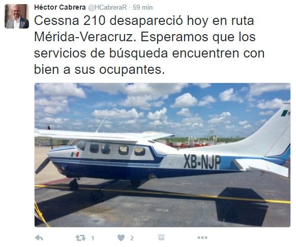 Desaparece avión pequeño en Veracruz - tuit-@HCabreraR