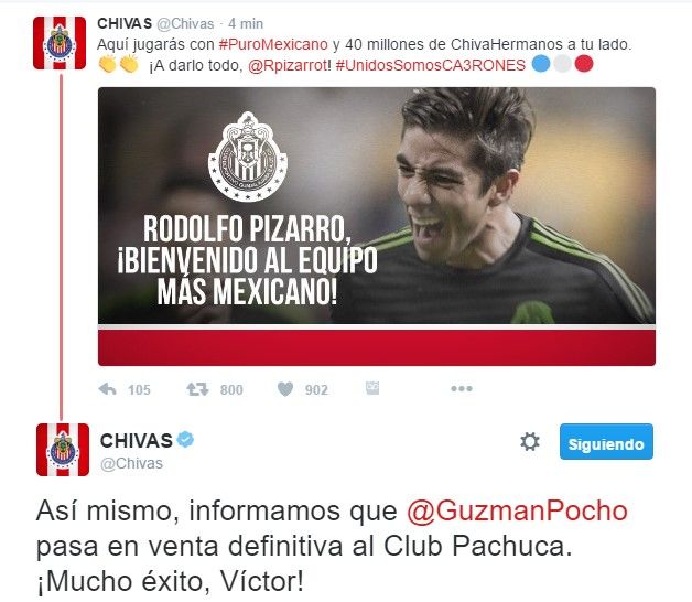 Rodolfo Pizarro llega a Chivas - tuit-chivas