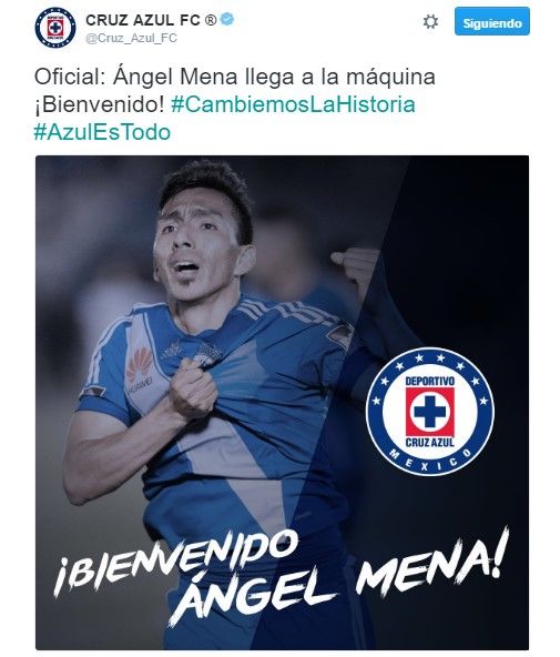 Cruz Azul confirma contratación de Ángel Mena - tuit-cruz-azul-mena