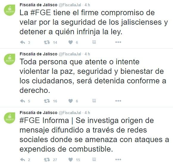 Amenazan a gasolineras en Jalisco - tuit-fiscalía