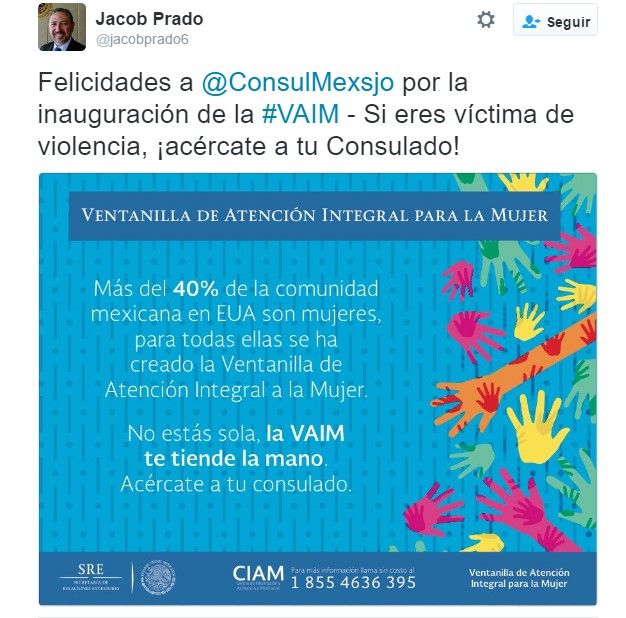 Inauguran Ventanilla de Atención Integral para la Mujer en consulado de San José - tuit-jacob-prado