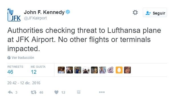 Desvían vuelo de Lufthansa a Nueva York por amenaza de bomba - tuit-jfk