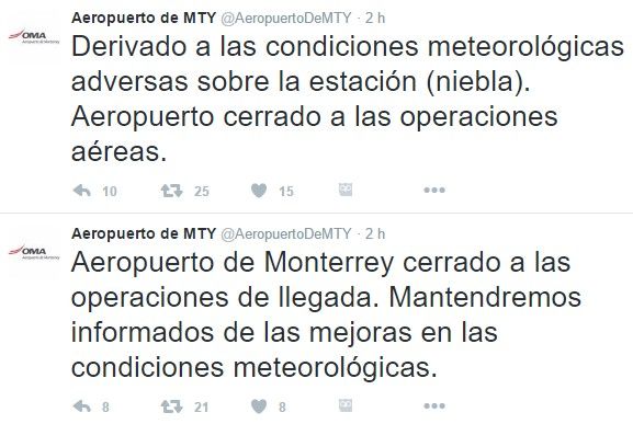 Por cuarto día consecutivo, Aeropuerto de Monterrey suspende actividades - tuit-monterrey