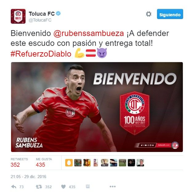 Oficial: Rubens Sambueza a Toluca - tuit-toluca-sambu