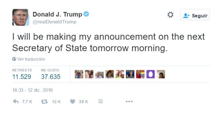 Trump nombra a cercano a Putin como secretario de Estado - tuit-trump-1