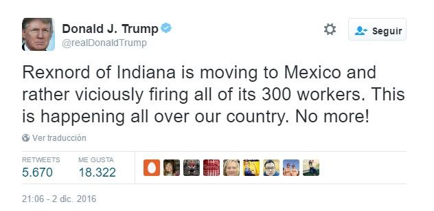 Trump tiene en la mira a empresa que trasladaría planta a México - tuit-trump